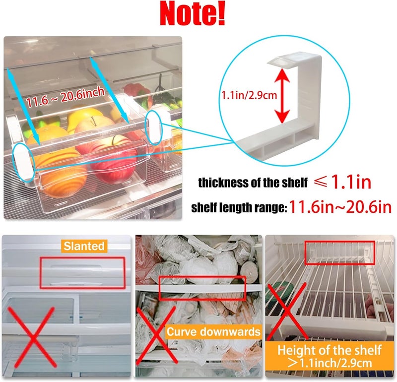 URALFA Fridge Drawer Organizer, Adjustable Refrigerator Drawers for Fruit and Vegetable, Pull Out with Handle, Shelf Holder Storage Box, Fit for Fridge Shelf Under 1.1" - Image 3